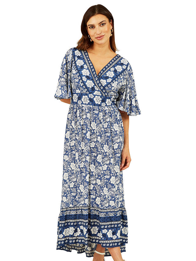 Yumi Floral Print Wrap Neck Dress, Blue
