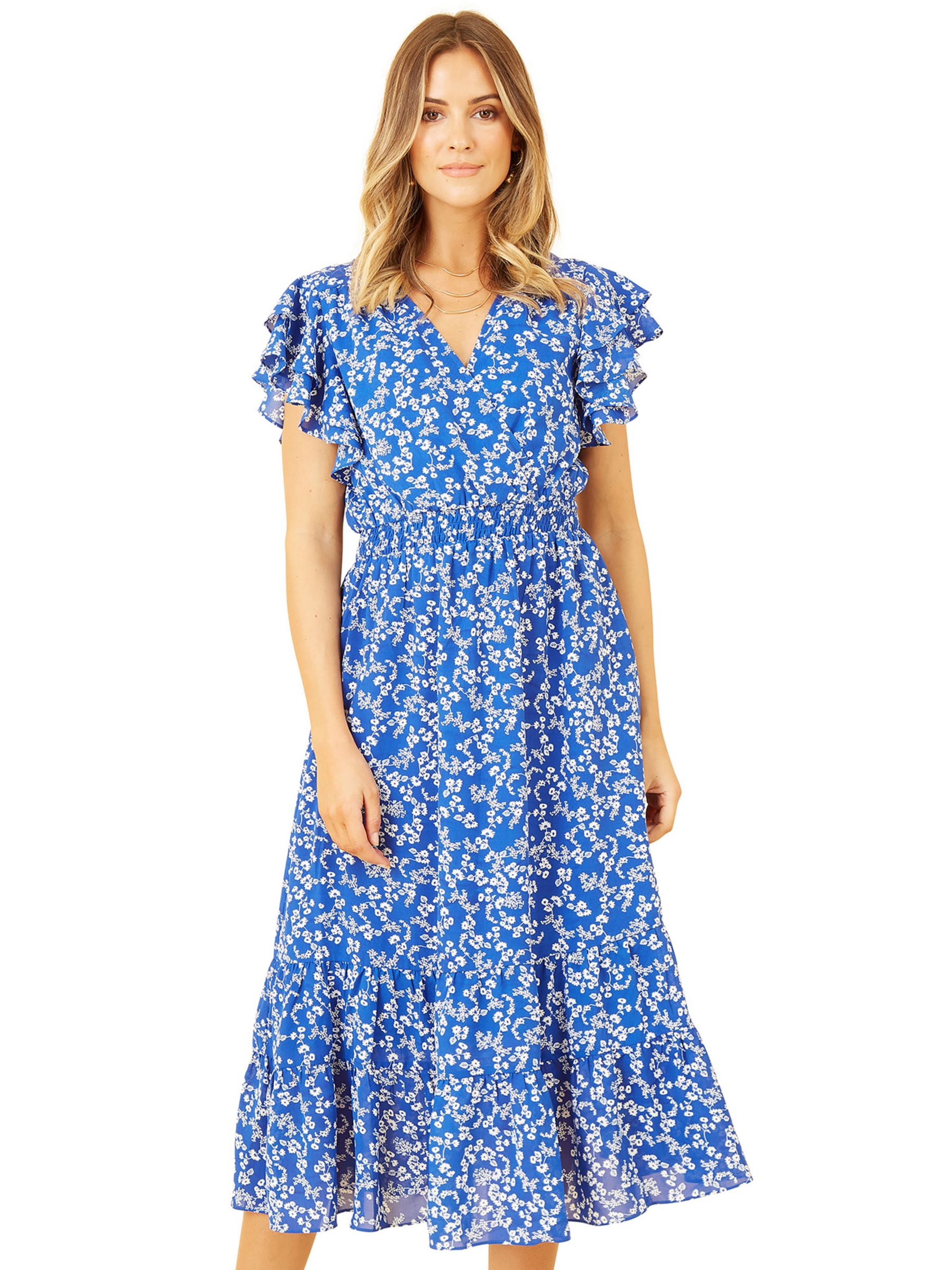Yumi Ditsy Floral Frilly Sleeve Midi Dress, Blue, 8