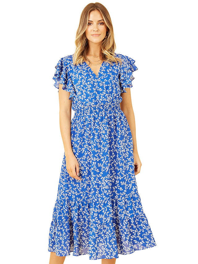 Yumi Ditsy Floral Frilly Sleeve Midi Dress, Blue