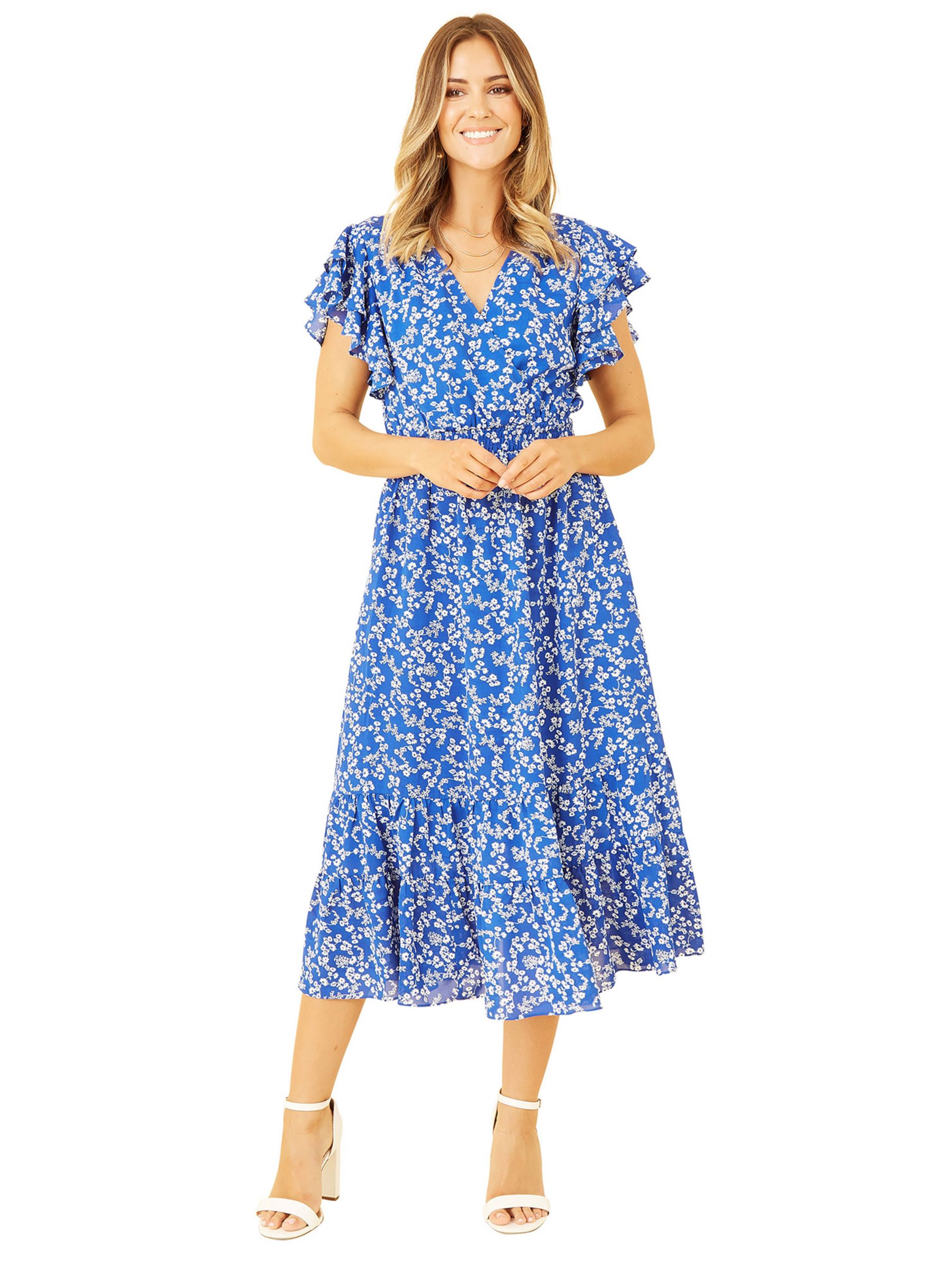 Yumi Ditsy Floral Frilly Sleeve Midi Dress, Blue, 8