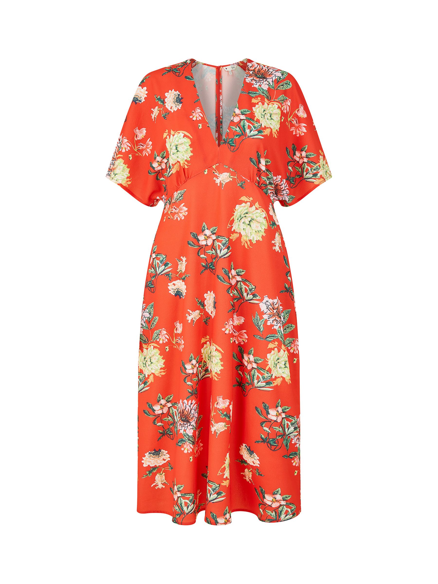 Yumi Kimono Sleeve Floral Print Midi Dress, Red at John Lewis & Partners
