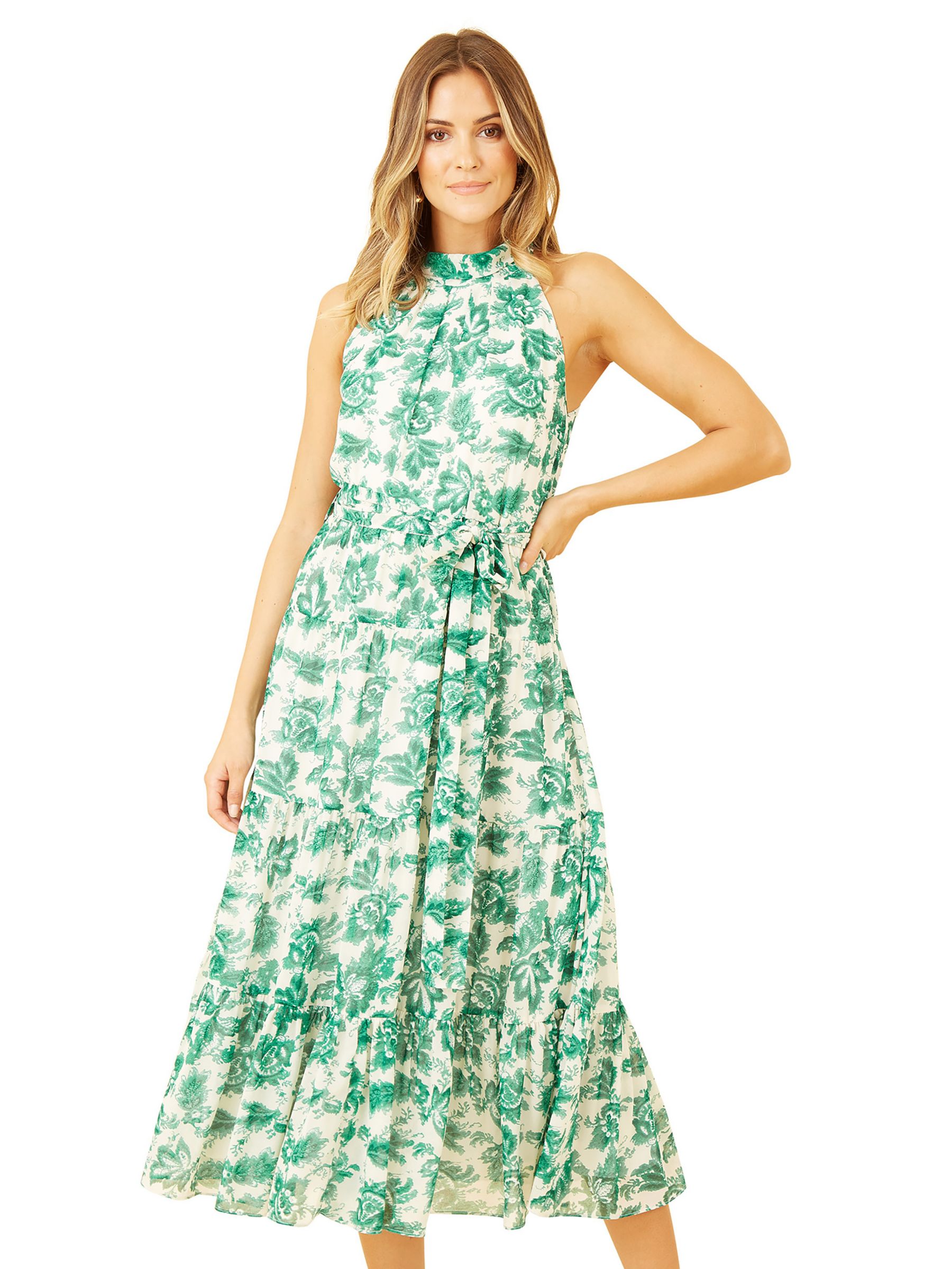 Yumi Leaf Print Halterneck Midi Dress, Green, 8