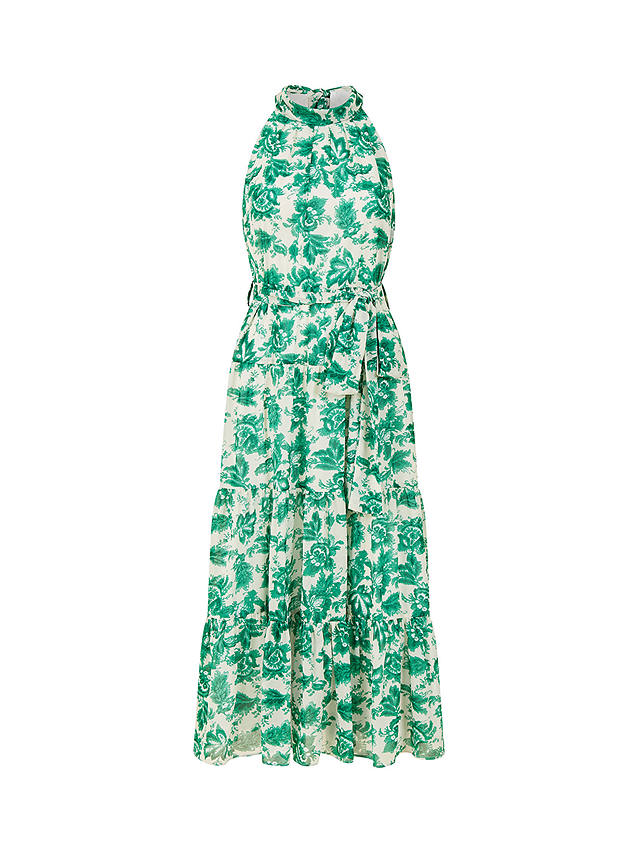 Yumi Leaf Print Halterneck Midi Dress, Green