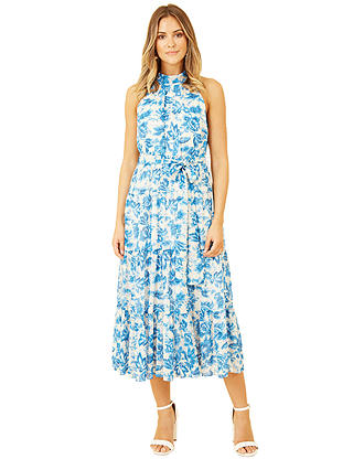 Yumi Leaf Print Halterneck Midi Dress, Blue