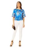 Yumi Floral Angel Sleeve Satin Top, Blue, Blue