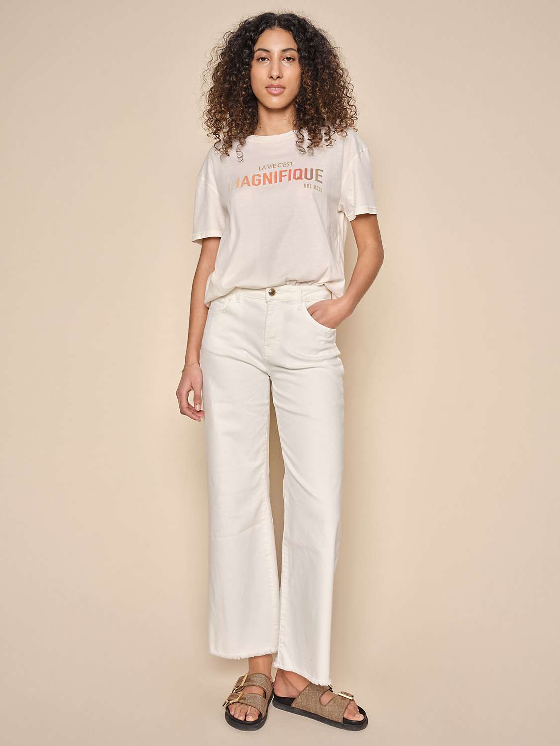 MOS MOSH Dara Kyle Wide Leg Raw Hem Jeans, Off White at John Lewis ...