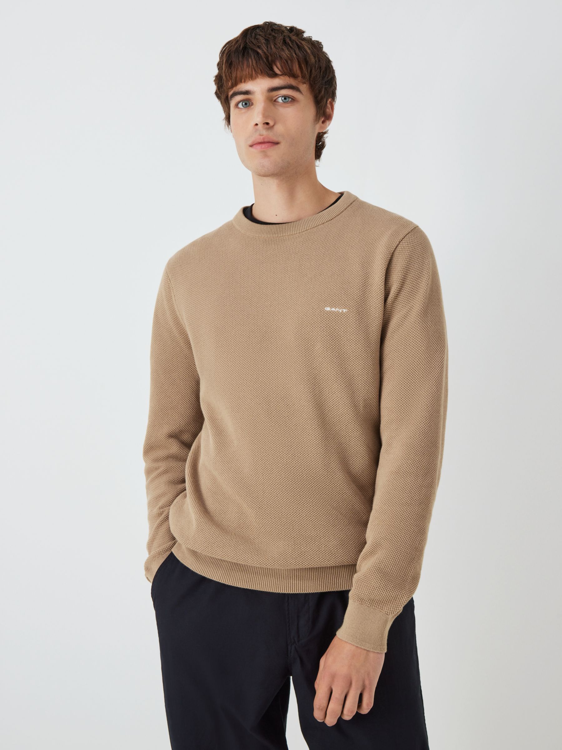 GANT Cotton Pique Crew Neck Sweatshirt, Dark Khaki at John Lewis