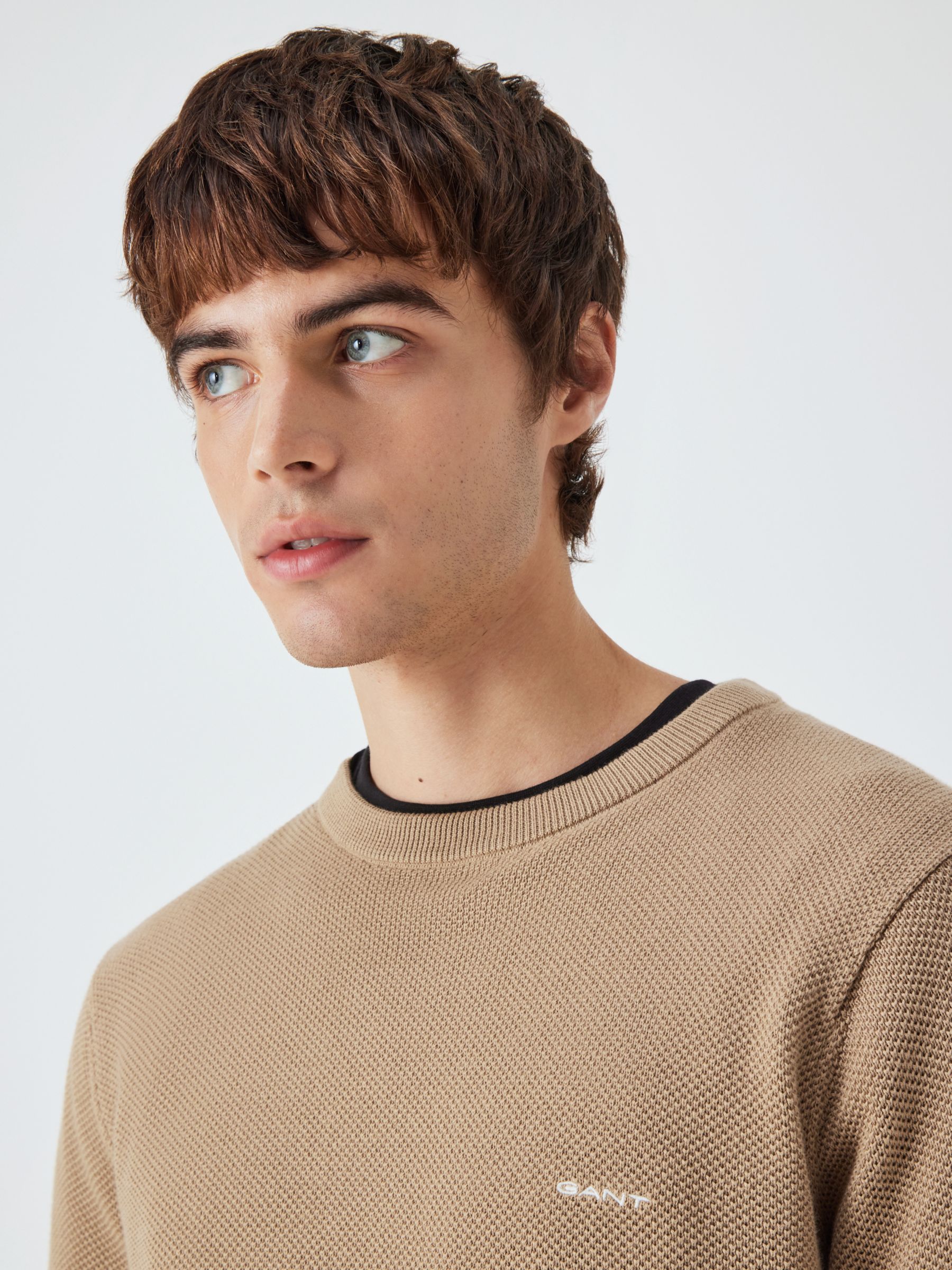 GANT Cotton Pique Crew Neck Sweatshirt, Dark Khaki at John Lewis