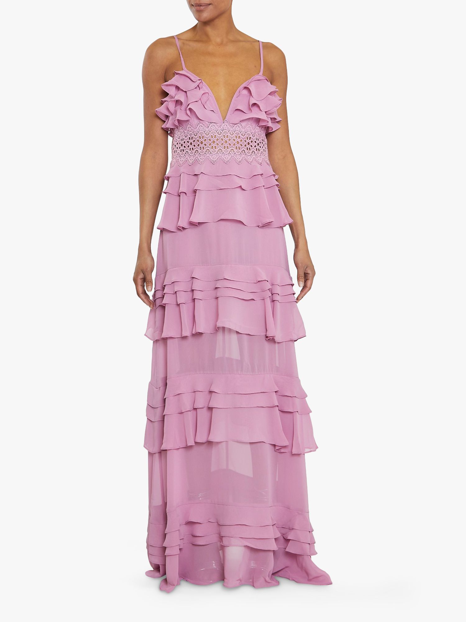 True Decadence Plunge Front Tiered Ruffle Maxi Dress, Orchid at John ...