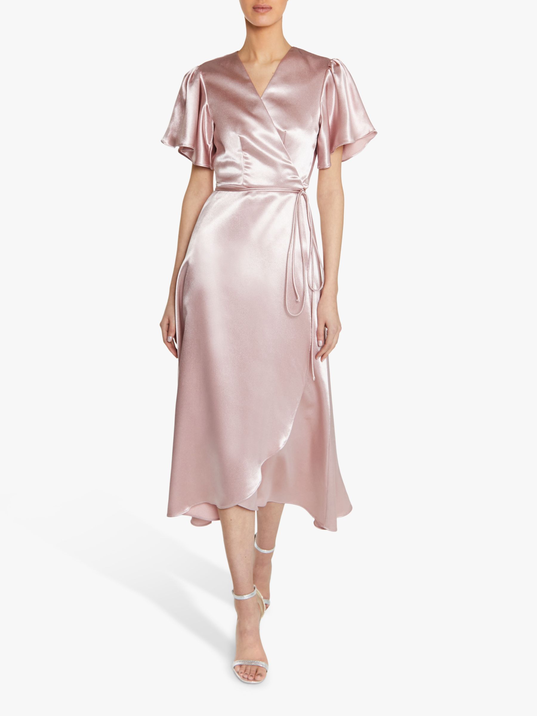 True Decadence Satin Wrap Midi Dress, Dusty Pink, 6