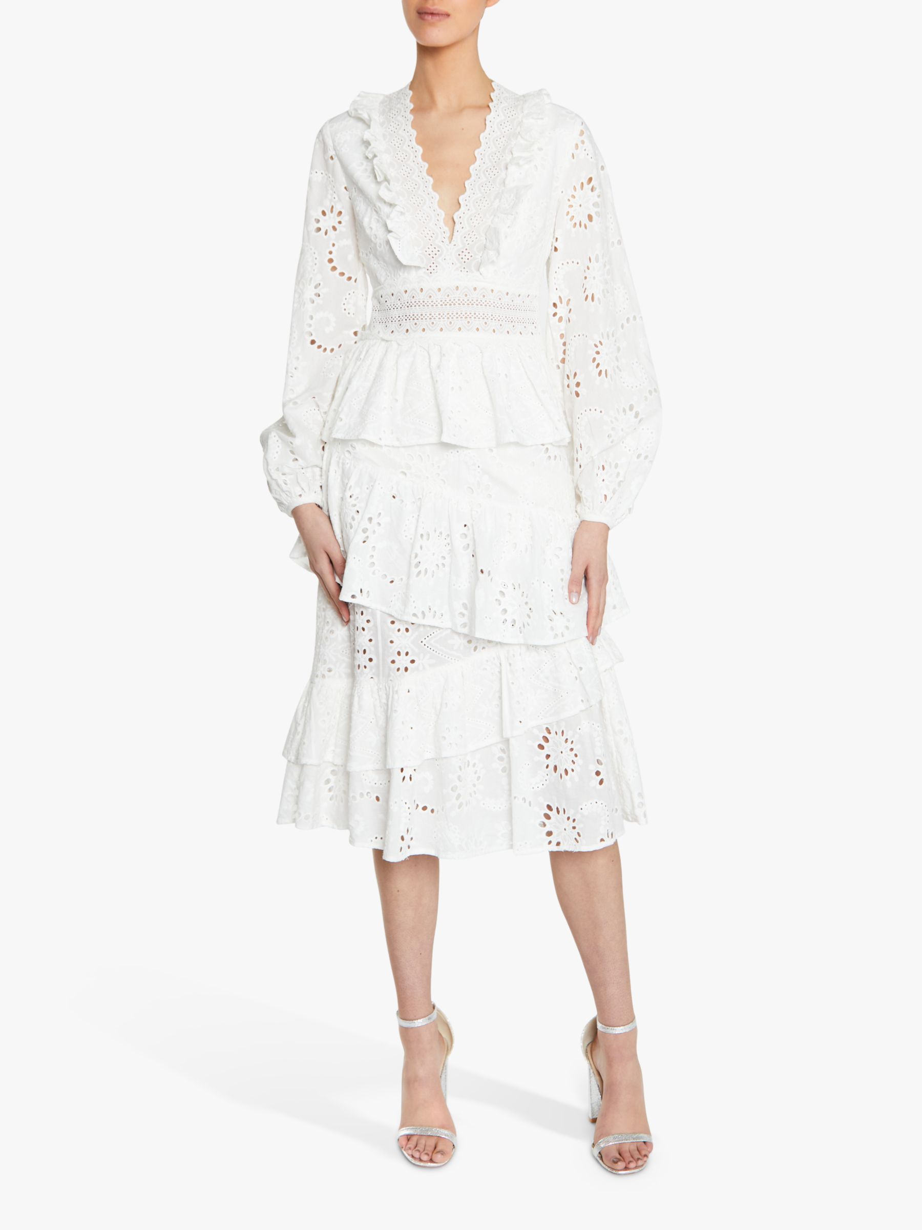 True Decadence Broderie Lace Trim Tiered Midi Dress, White, 6