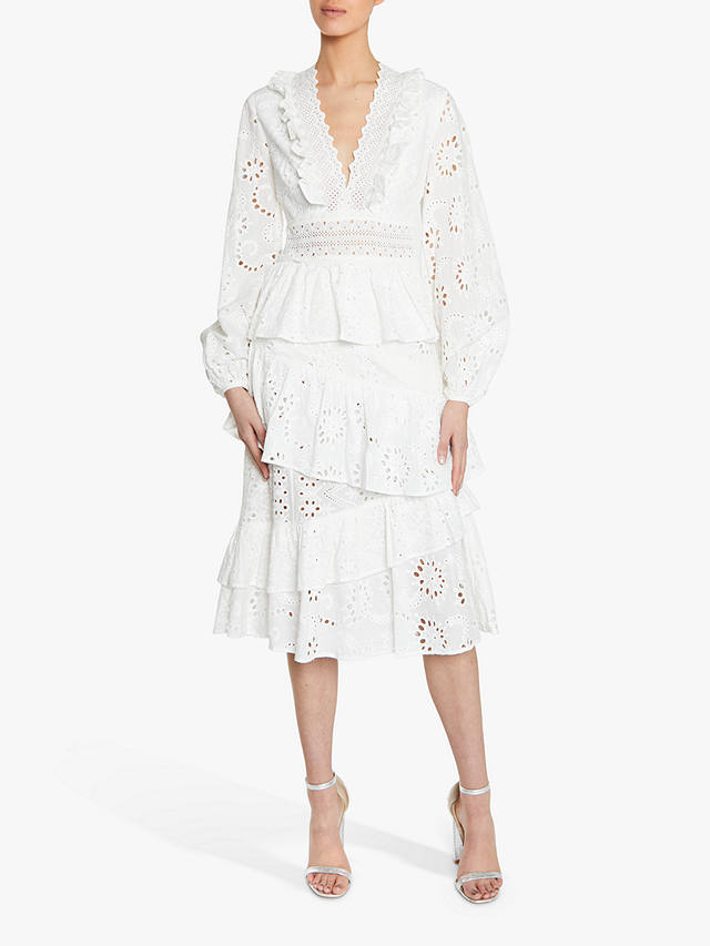 True Decadence Broderie Lace Trim Tiered Midi Dress, White at John ...