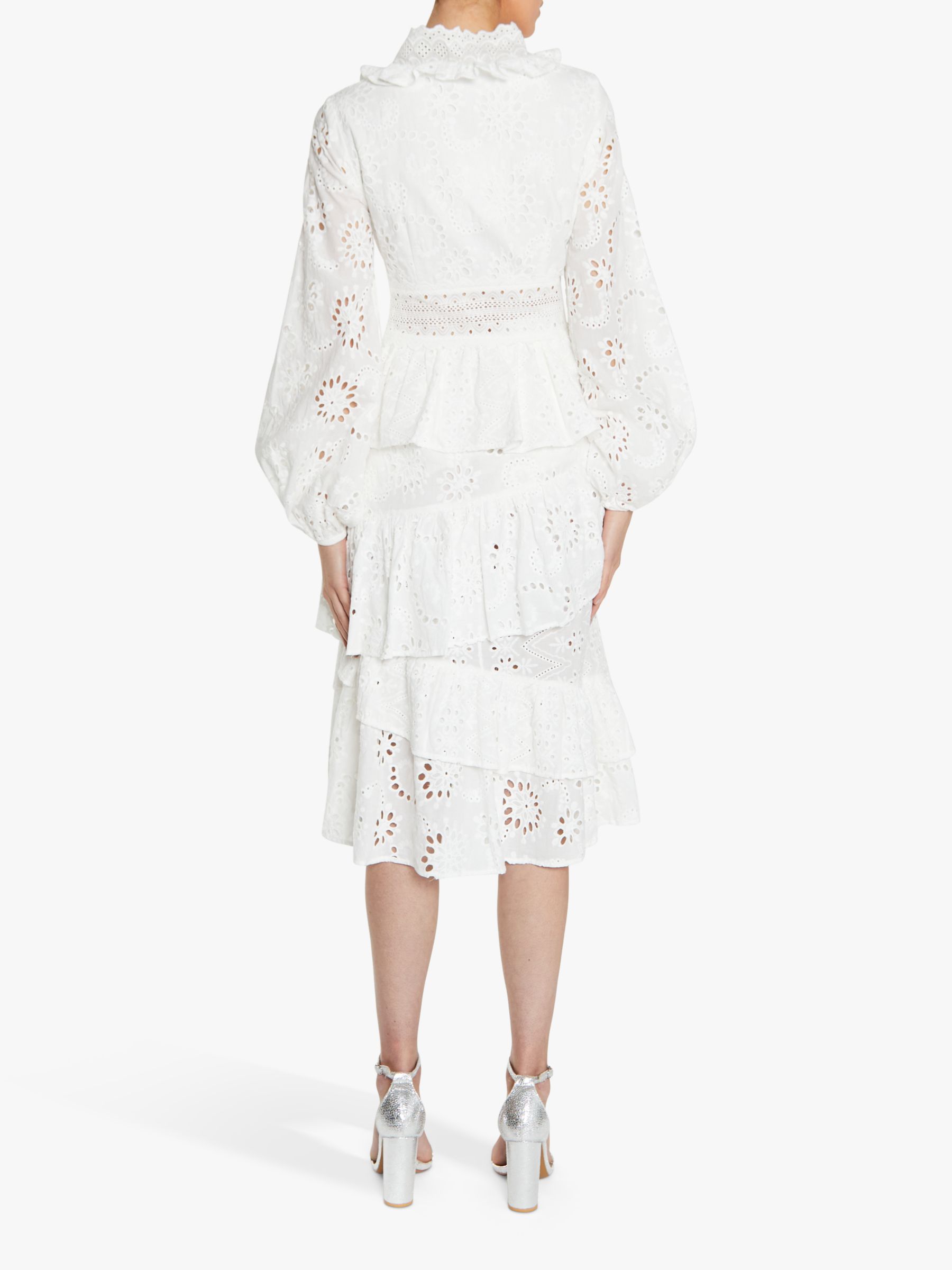 True Decadence Broderie Lace Trim Tiered Midi Dress, White, 6