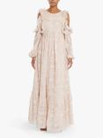 True Decadence Floral Broderie Cold Shoulder Ruffle Maxi Dress, Nude Pink