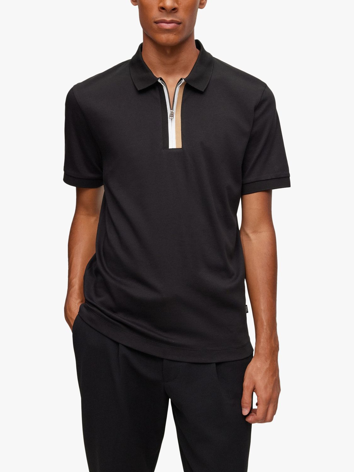 BOSS Paras Short Sleeve Zipper Polo Shirt, Black at John Lewis & Partners