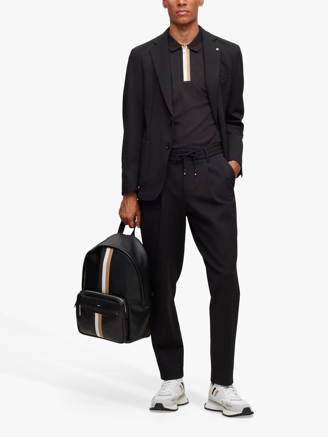 BOSS Paras Short Sleeve Zipper Polo Shirt, Black at John Lewis & Partners
