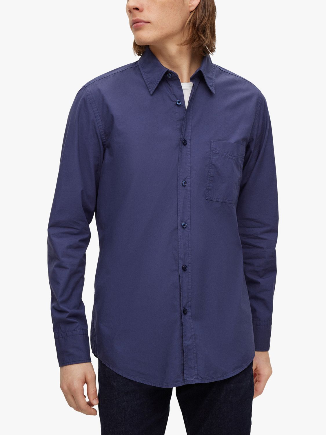 BOSS Relegant Regular Fit Garment Dyed Shirt, Navy at John Lewis & Partners