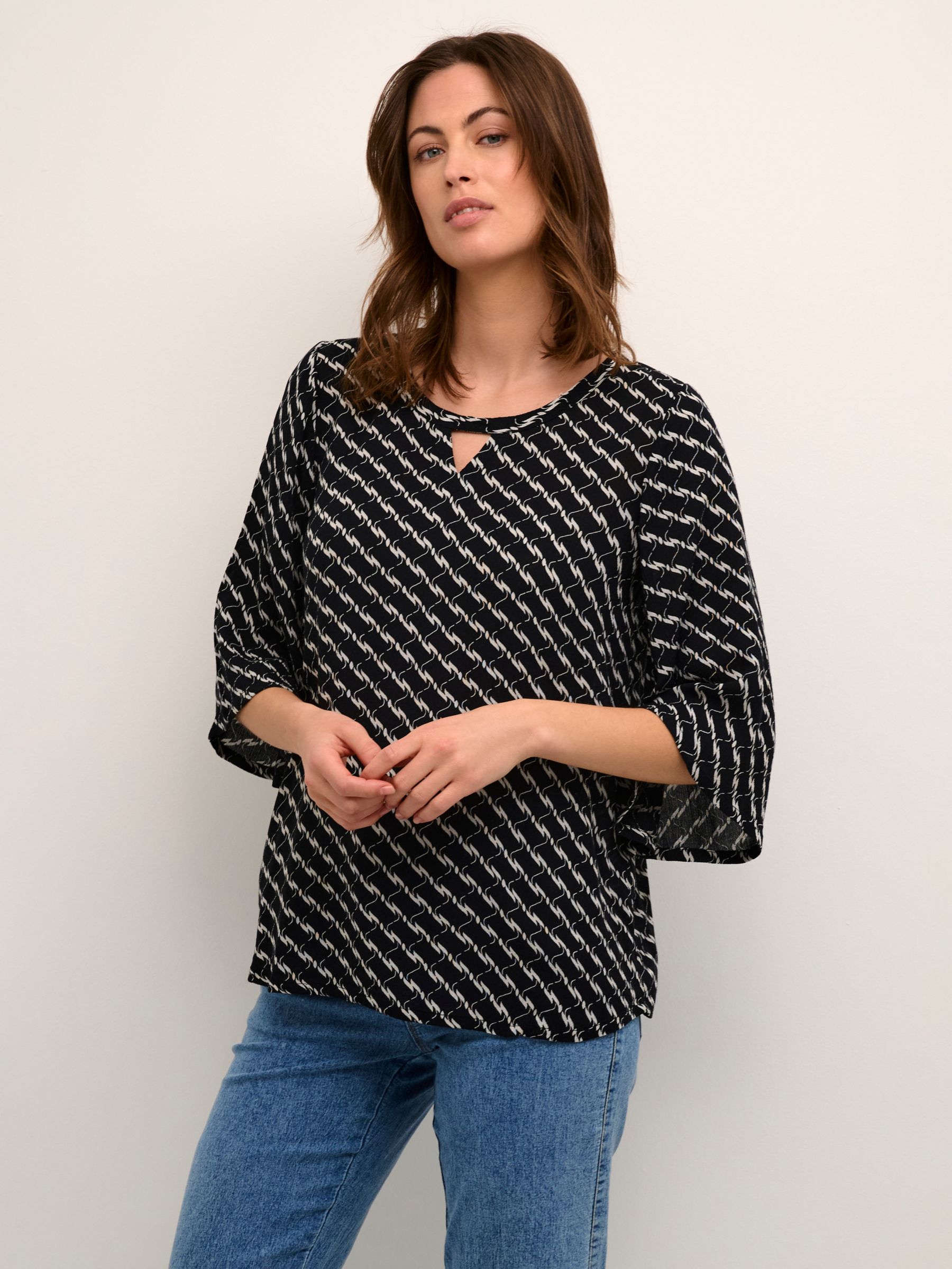 KAFFE Marita Amber Geometric Blouse, Black/Chalk at John Lewis & Partners