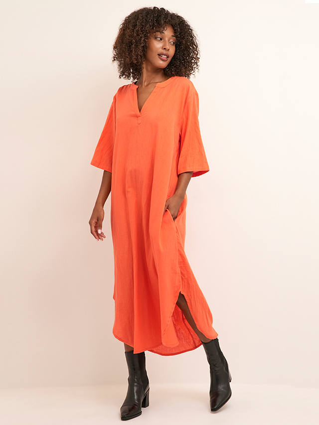 KAFFE Majse Cotton Linen Blend Kaftan Dress, Vermillion Orange