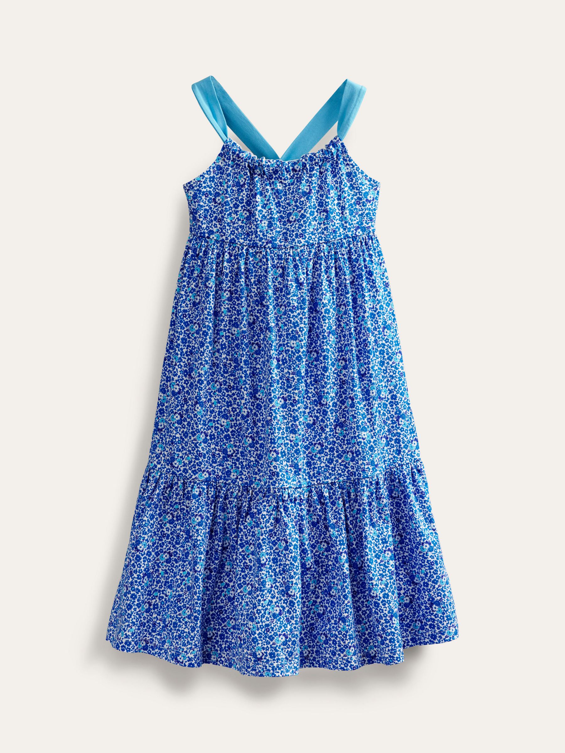 Mini Boden Kids' Floral Ditsy Print Jersey Tiered Dress, Cabana Blue ...