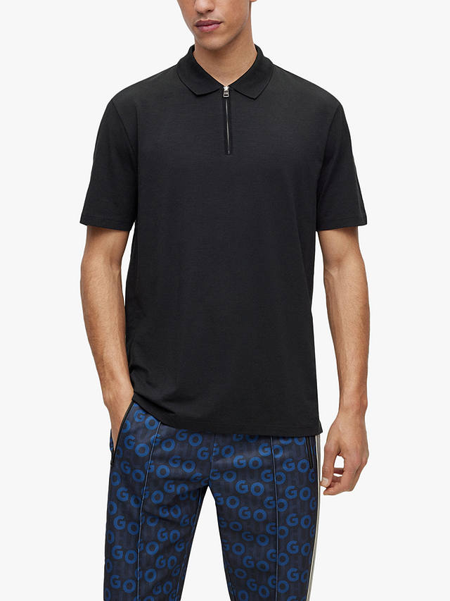 HUGO Dekok Zip Neck Polo Top, Black at John Lewis & Partners