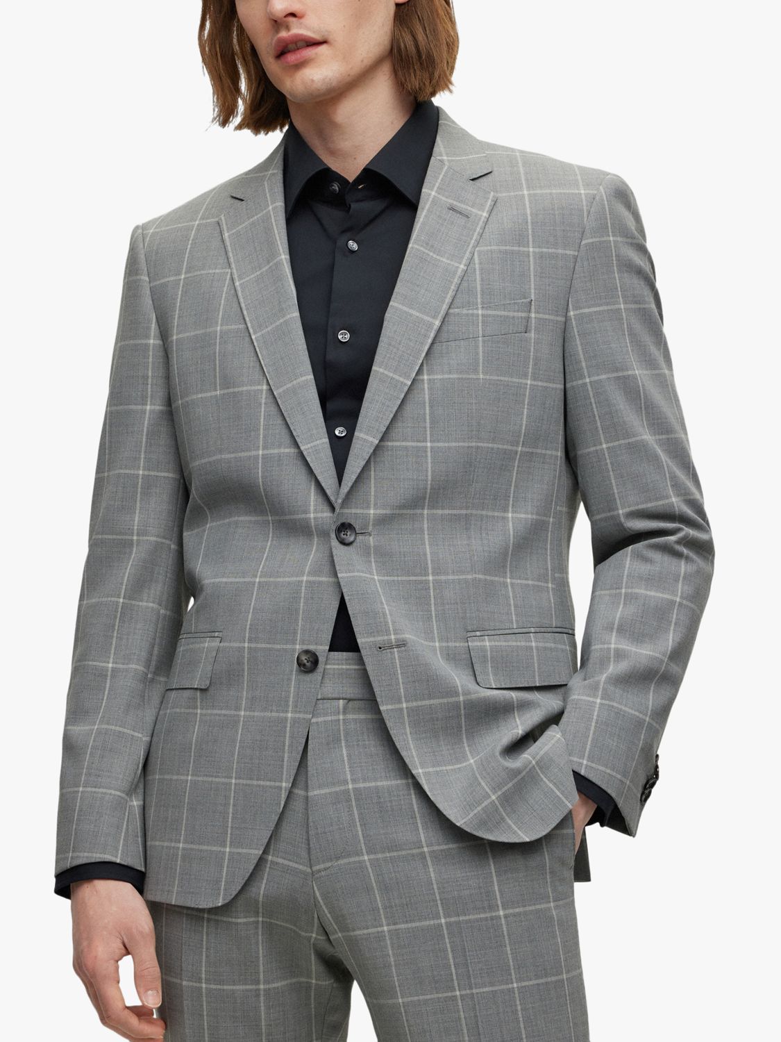 BOSS H-Huge Check Slim Suit Jacket, Silver at John Lewis & Partners