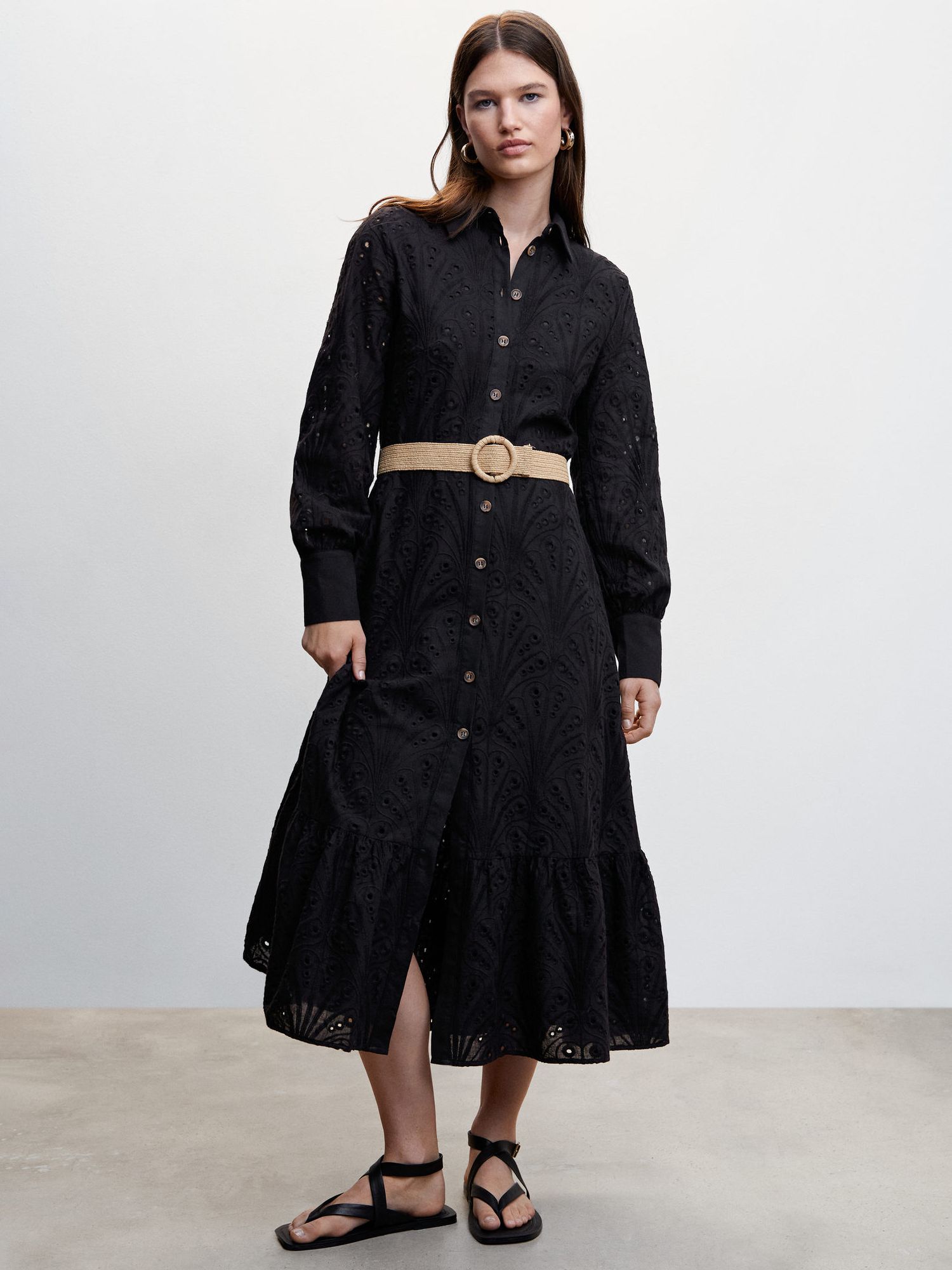 Mango Broderie Shirt Midi Dress, Black