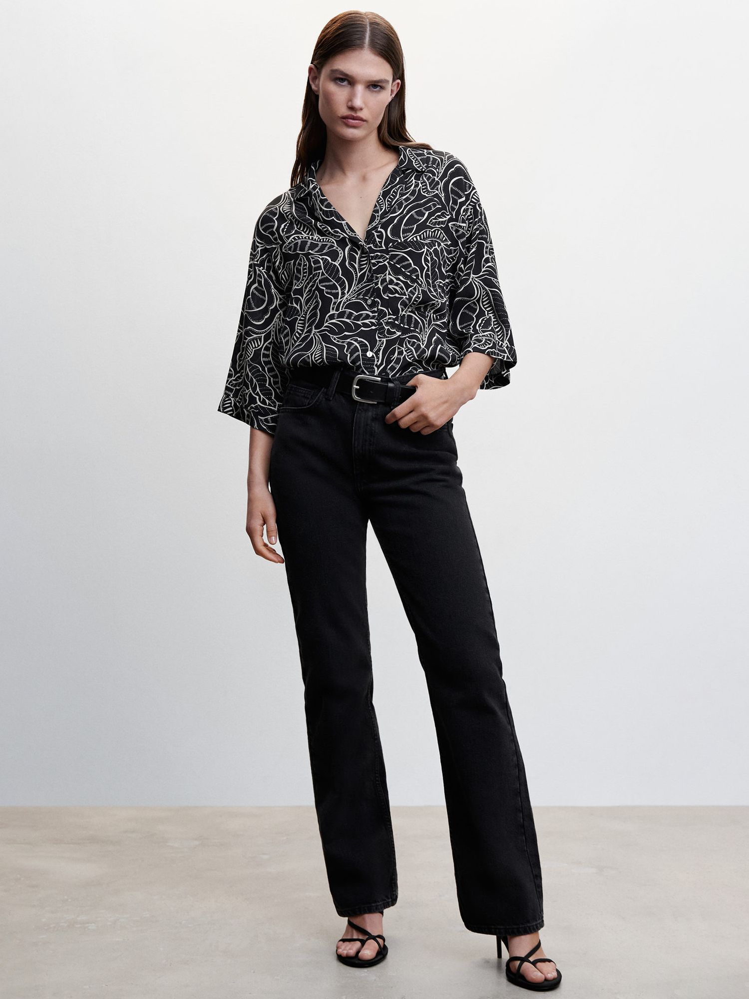 Mango Claudie Floral Short Sleeve Blouse, Black