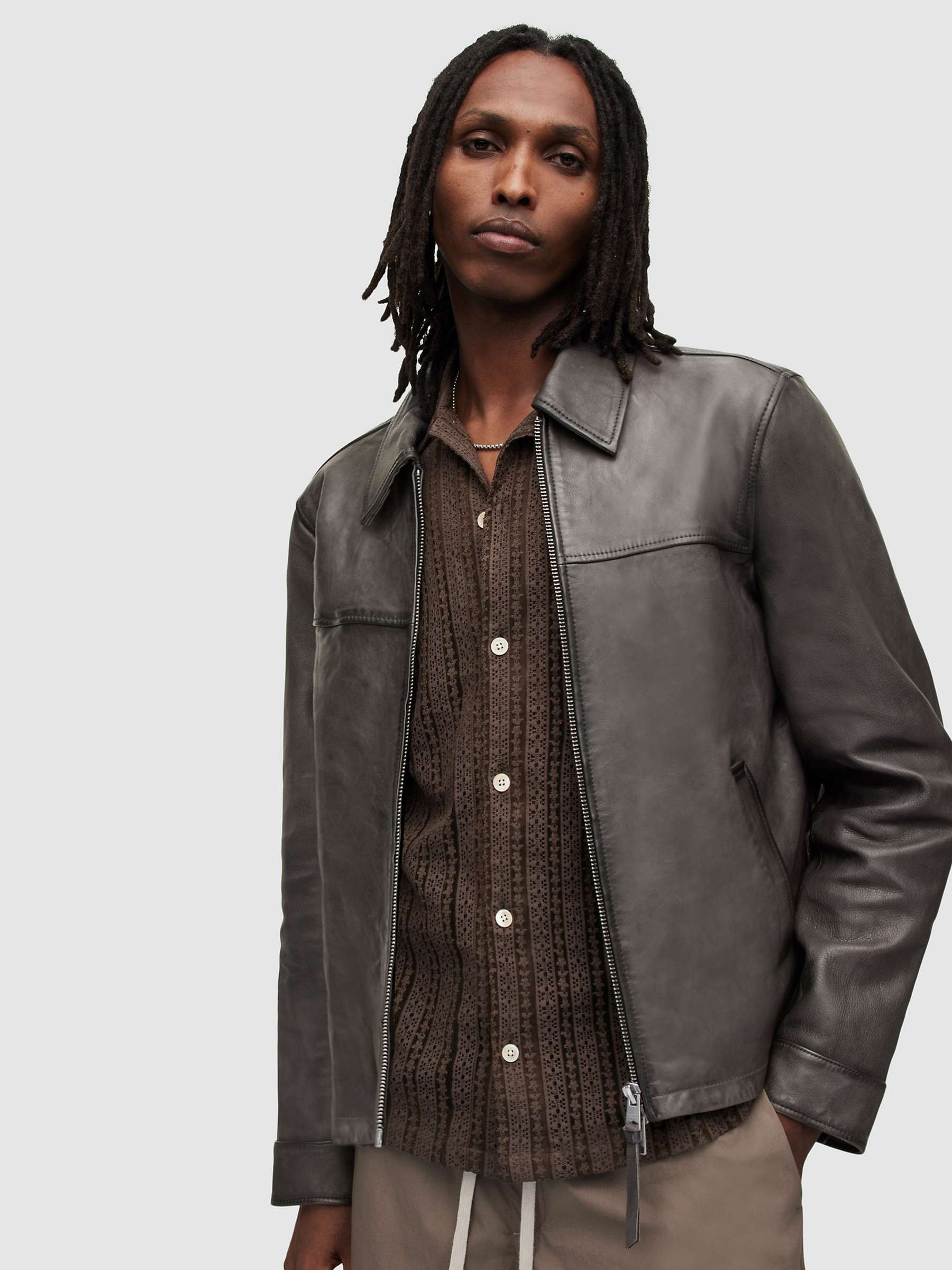 AllSaints Adam Leather Jacket, Deep Charcoal at John Lewis & Partners