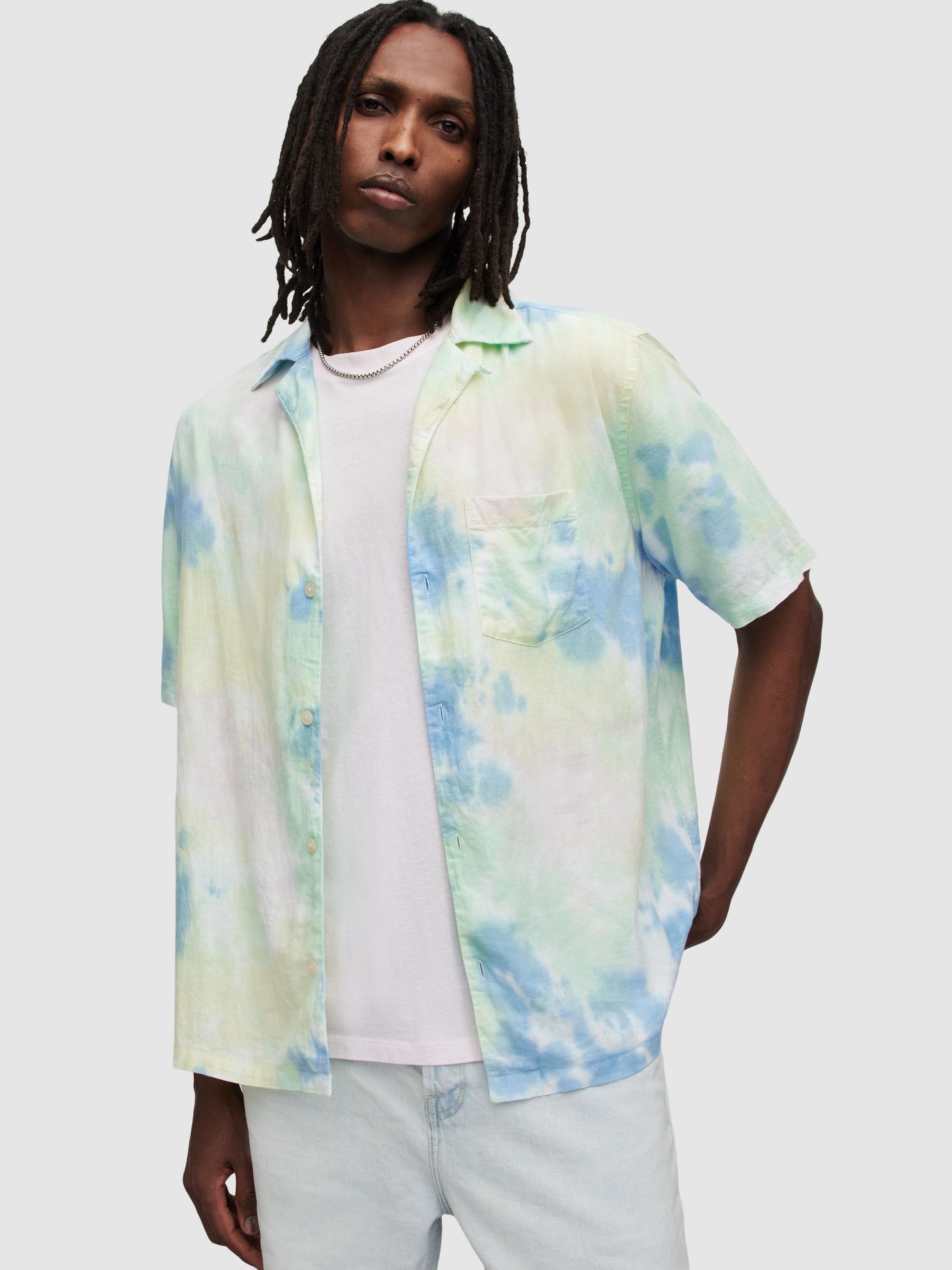 AllSaints Pada Abstract Print Linen Blend Short Sleeve Shirt, Chartreuse Green/Multi