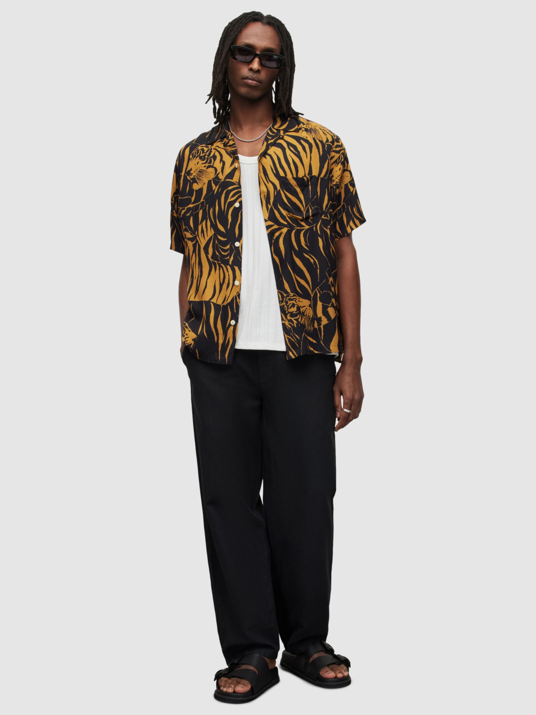 AllSaints Regular Fit Short Sleeve Shirt With Tiger Print in Black for Men