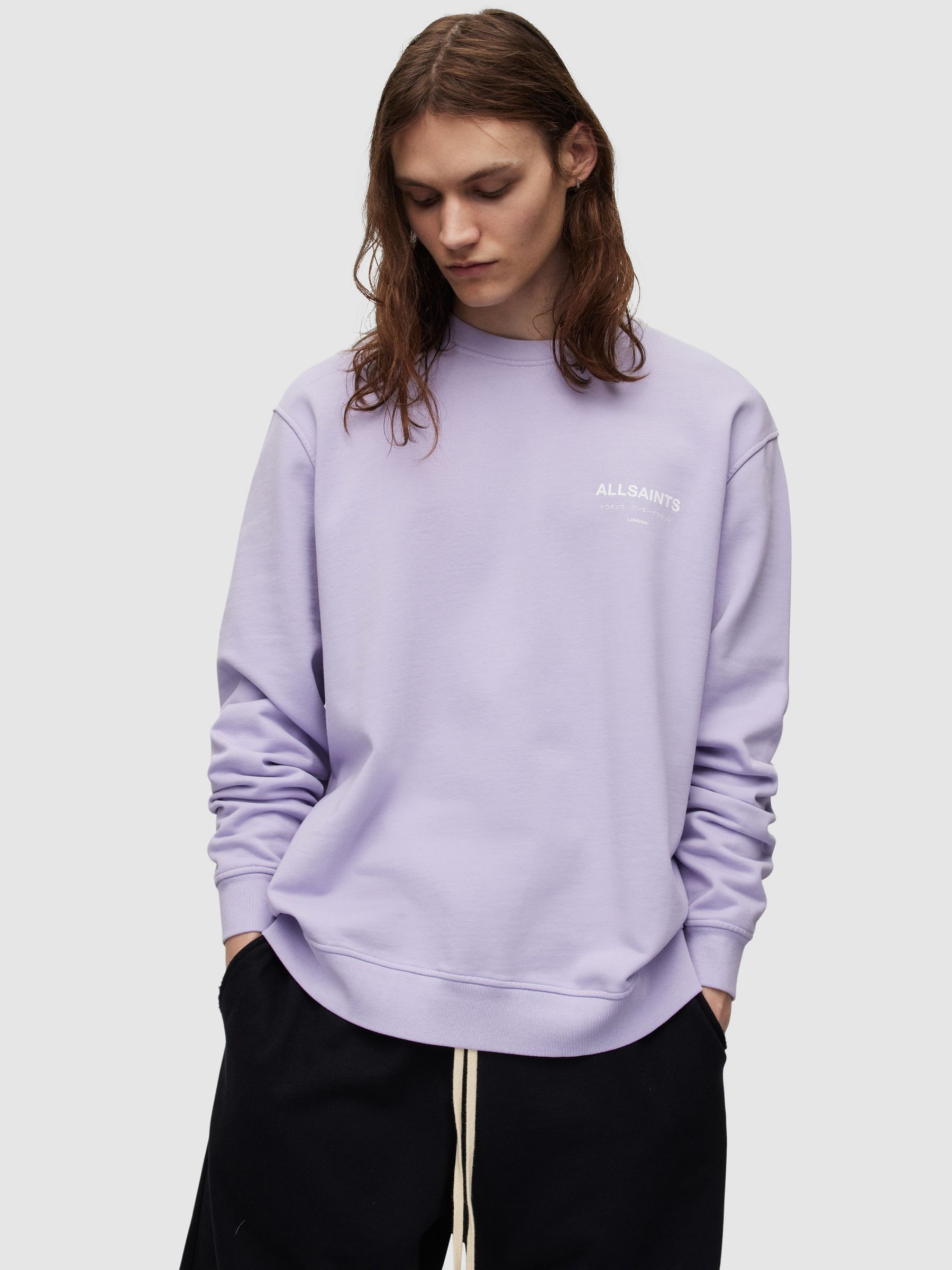 AllSaints Underground Crew Neck Sweatshirt, Lavndr Lilac/White, XL