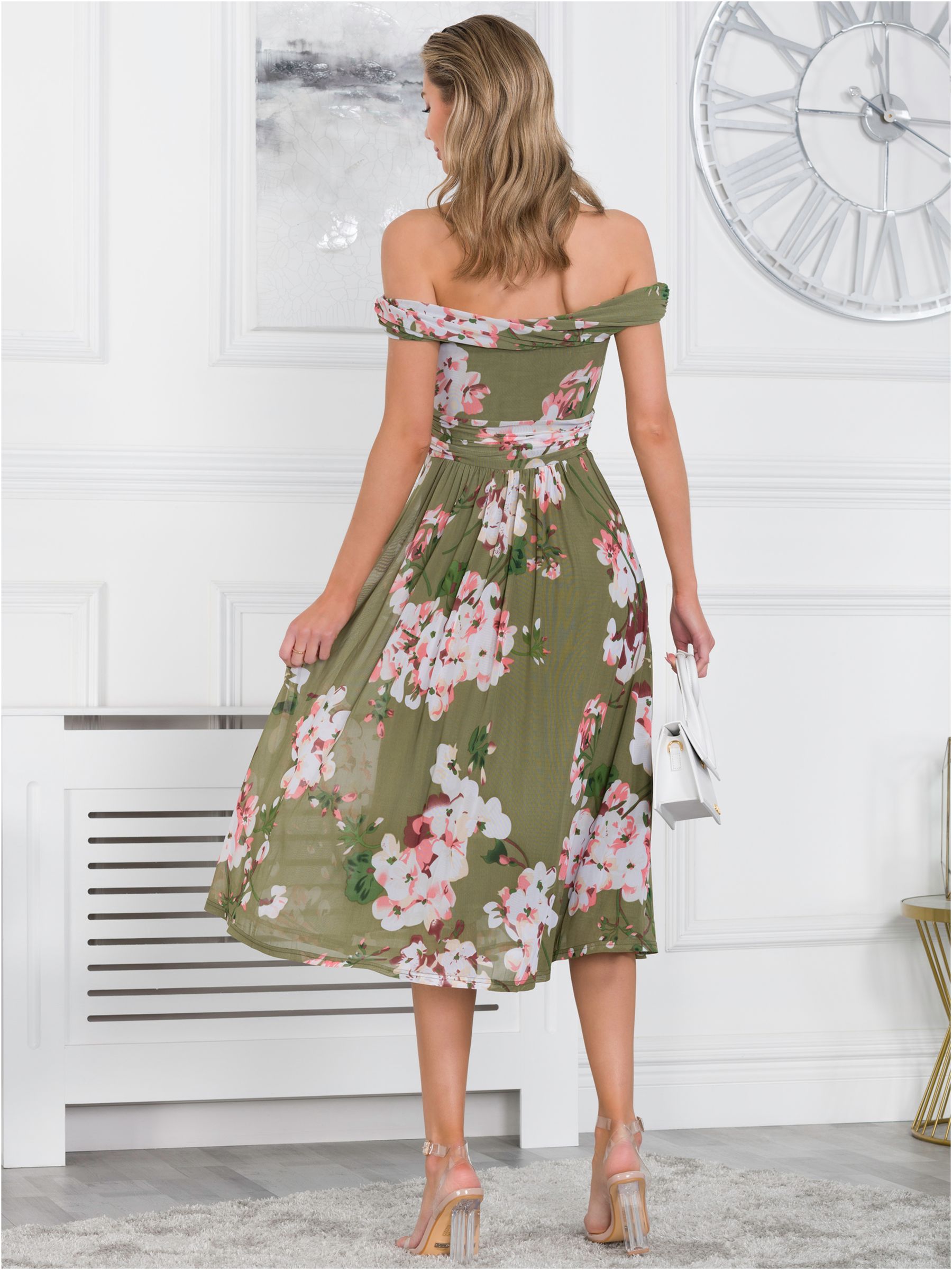 Buy Jolie Moi Bardot Neck Mesh Floral Print Midi Dress, Green Online at johnlewis.com
