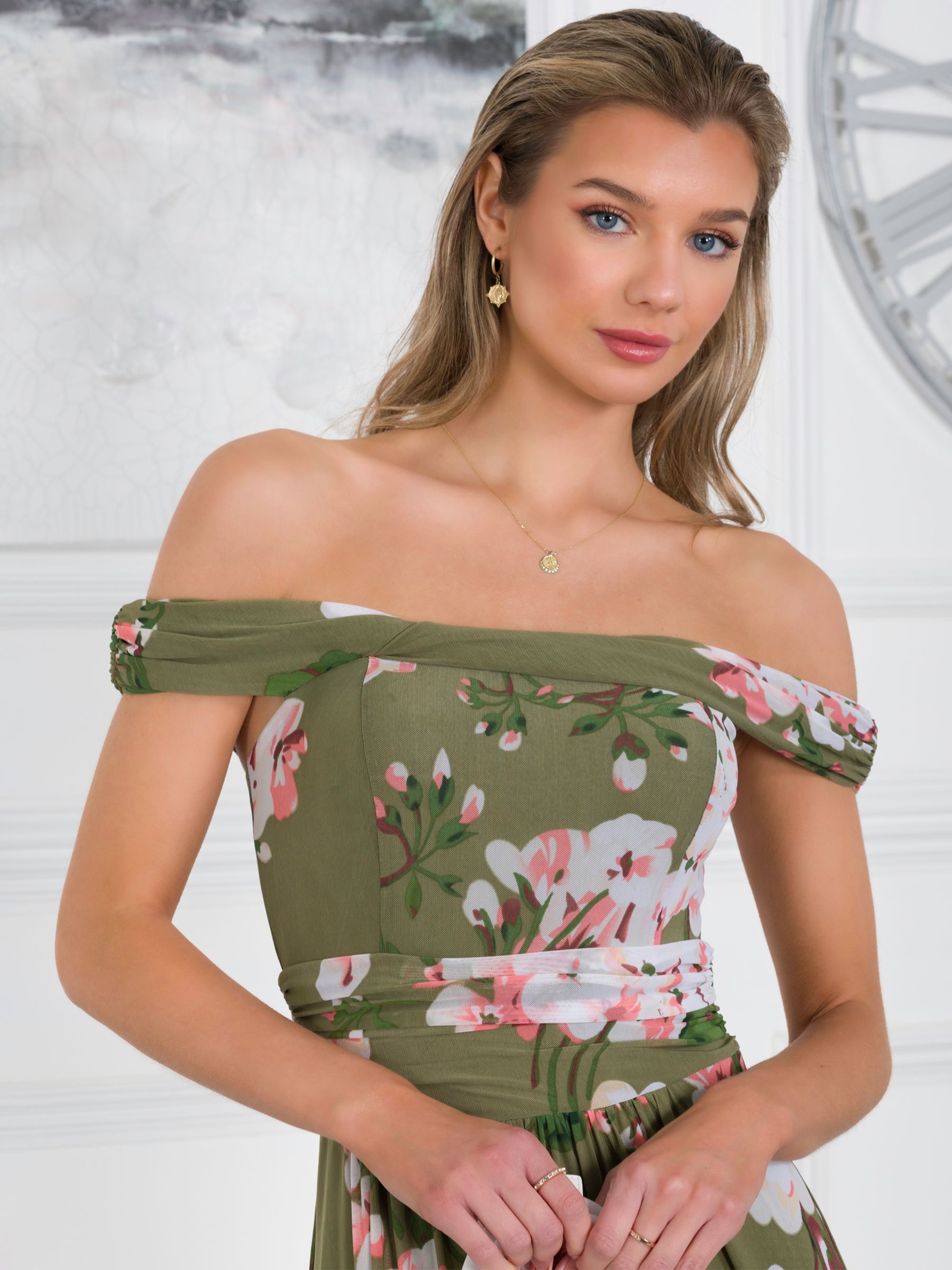Buy Jolie Moi Bardot Neck Mesh Floral Print Midi Dress, Green Online at johnlewis.com