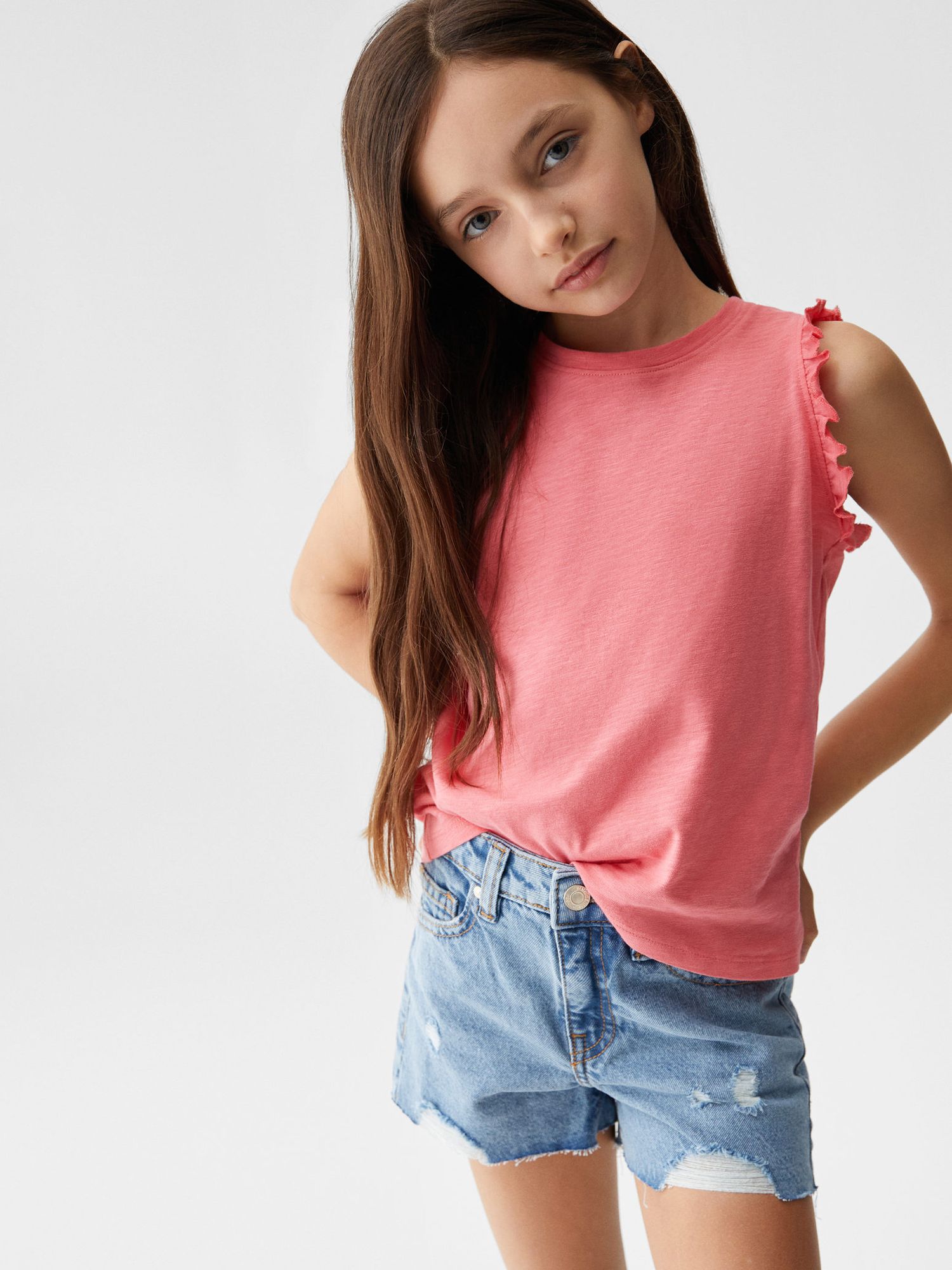 Mango Kids' Bandini Ruffled Shoulder Top, Pink at John Lewis & Partners