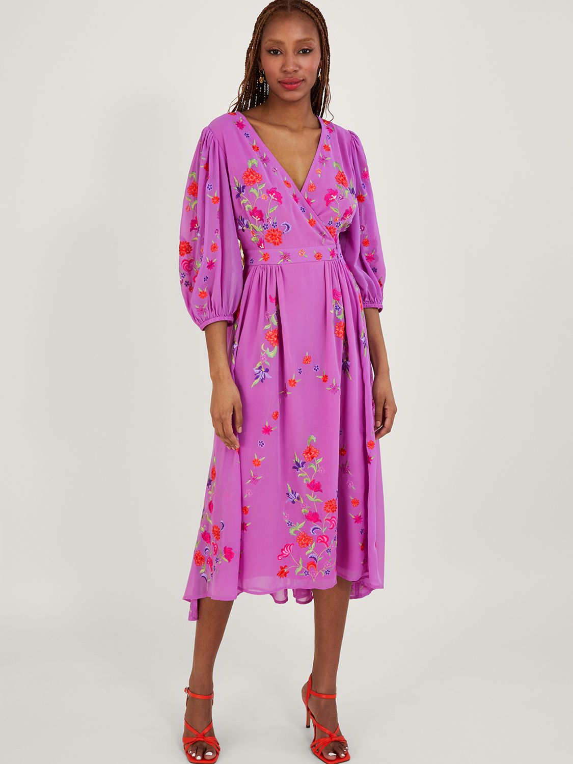 Monsoon Lusia Embroidered Wrap Dress, Lilac at John Lewis & Partners