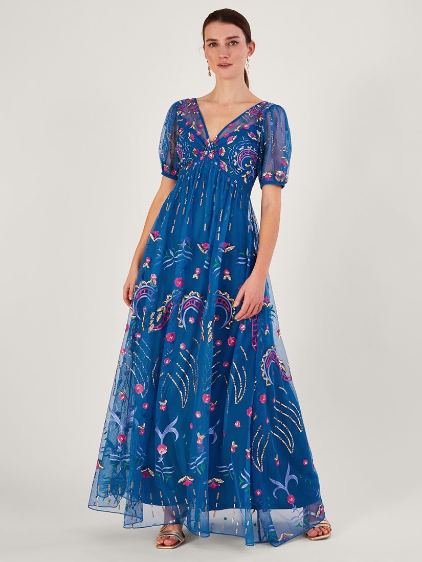 Monsoon Tilly Embroidered Maxi Dress, Cobalt at John Lewis & Partners