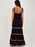 Monsoon Wide Strap Motif Embroidered Maxi Cami Dress, Black, Black