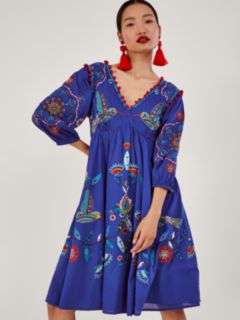 Monsoon Floral Bird Dress, Cobalt, S