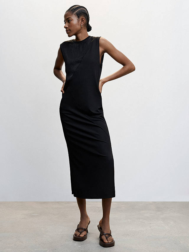 Mango Tina Satin Panel Midi Dress, Black at John Lewis & Partners