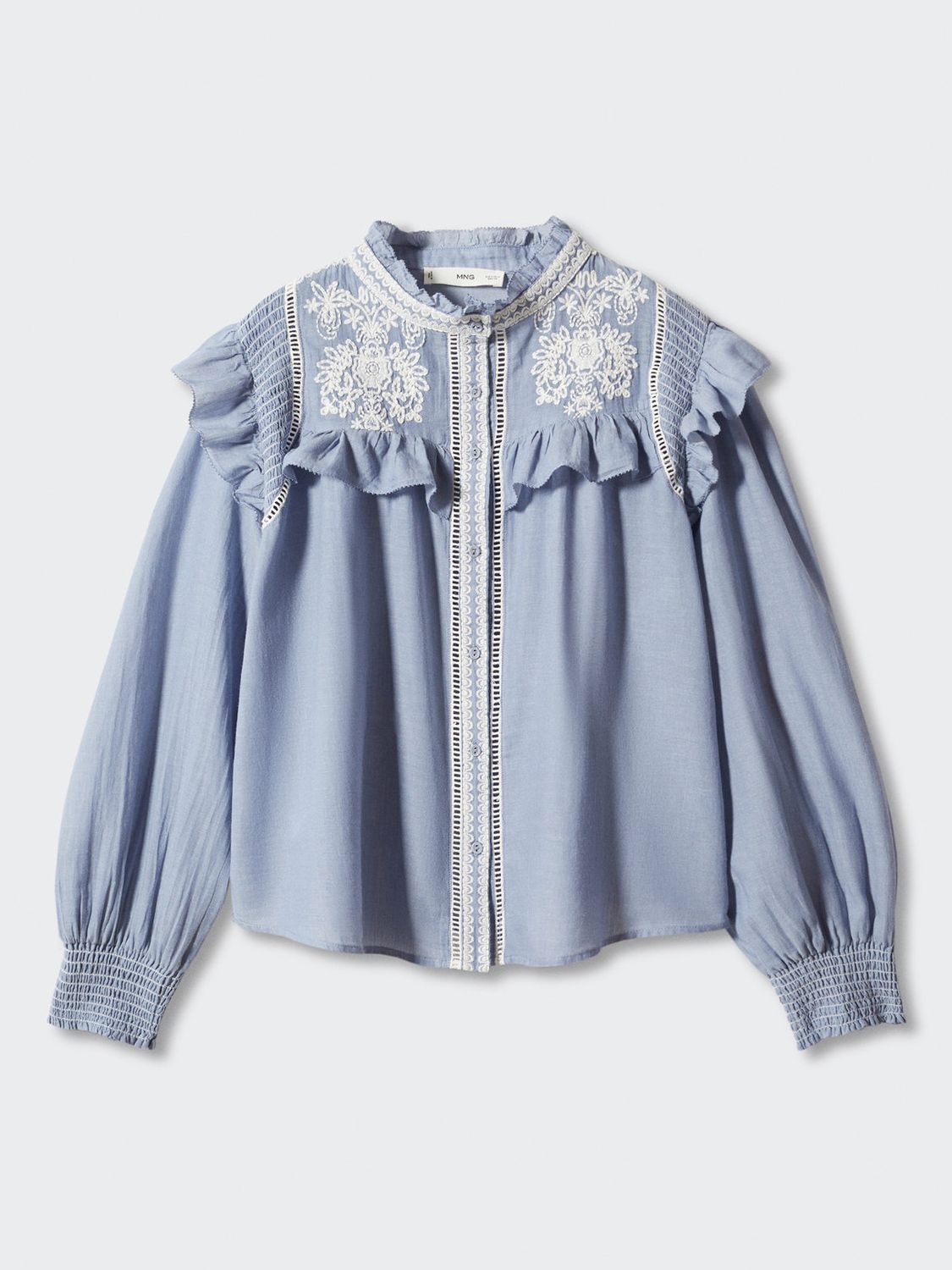 Mango Vito Embroidered Ruffle Detail Blouse Open Blue 6