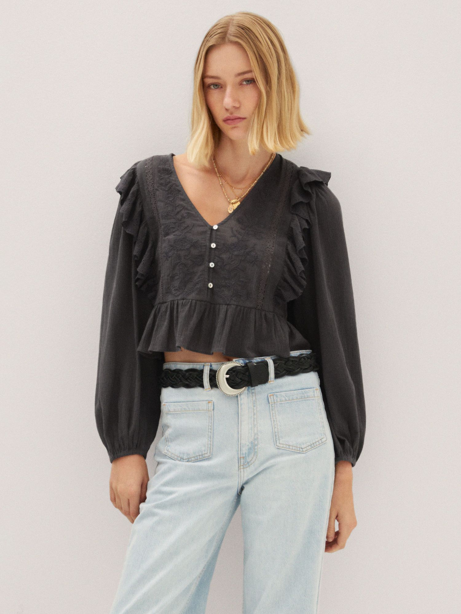 Mango Embroidered Ruffle Detail Cropped Blouse, Black at John Lewis ...