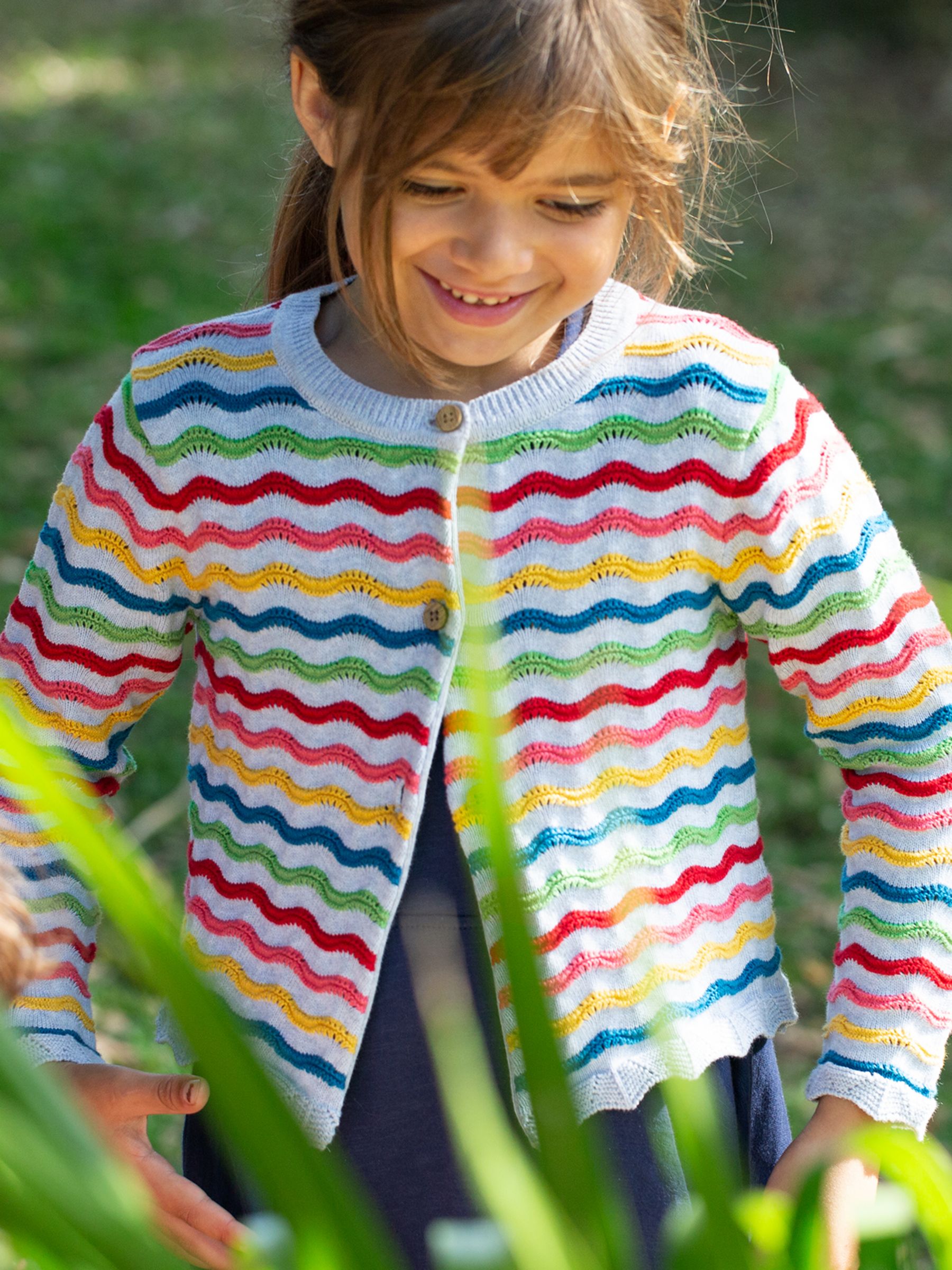 Frugi Kids' Organic Cotton Rainbow Pointelle Cardigan, Grey Marl/Multi ...