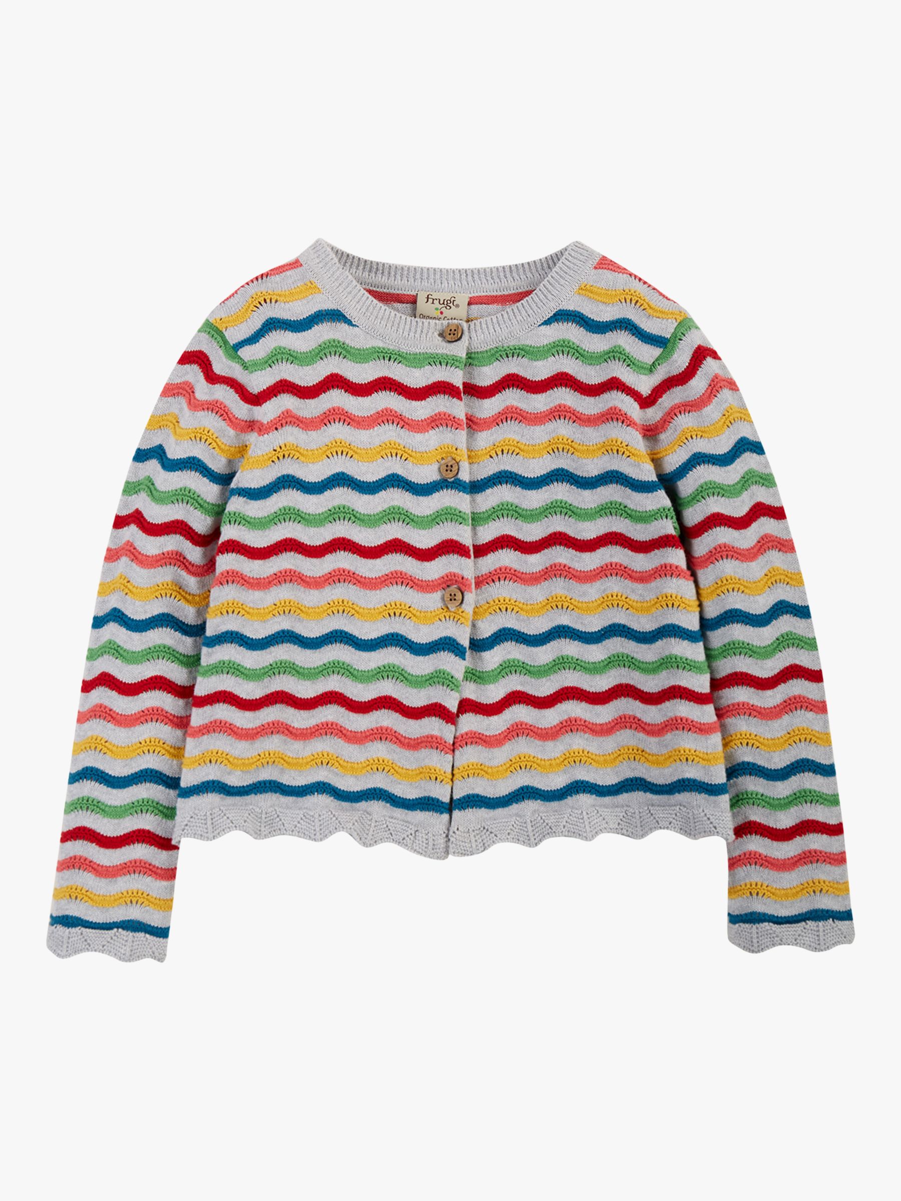 Frugi Kids' Organic Cotton Rainbow Pointelle Cardigan, Grey Marl