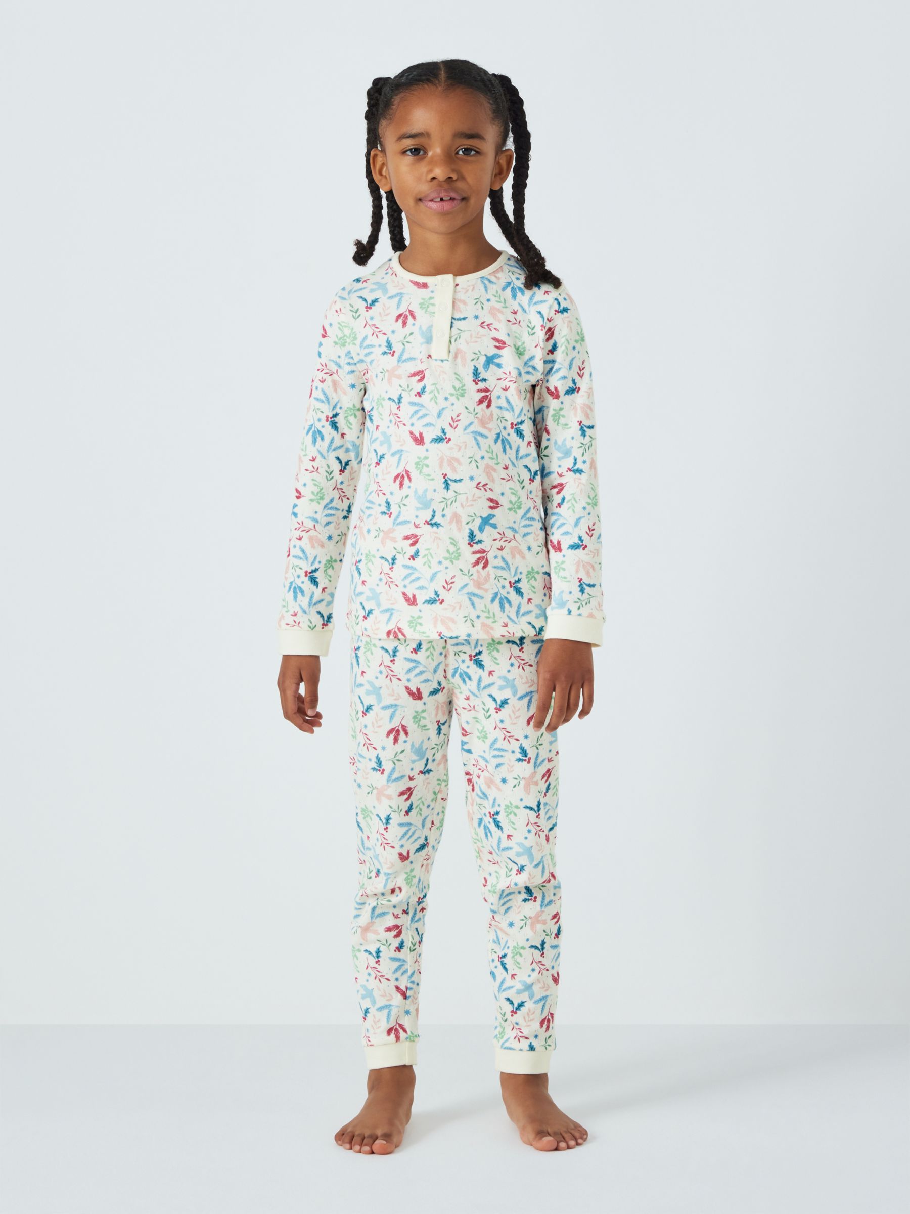 John Lewis Kids' Festive Floral Pointelle Pyjamas, White/Multi at John ...