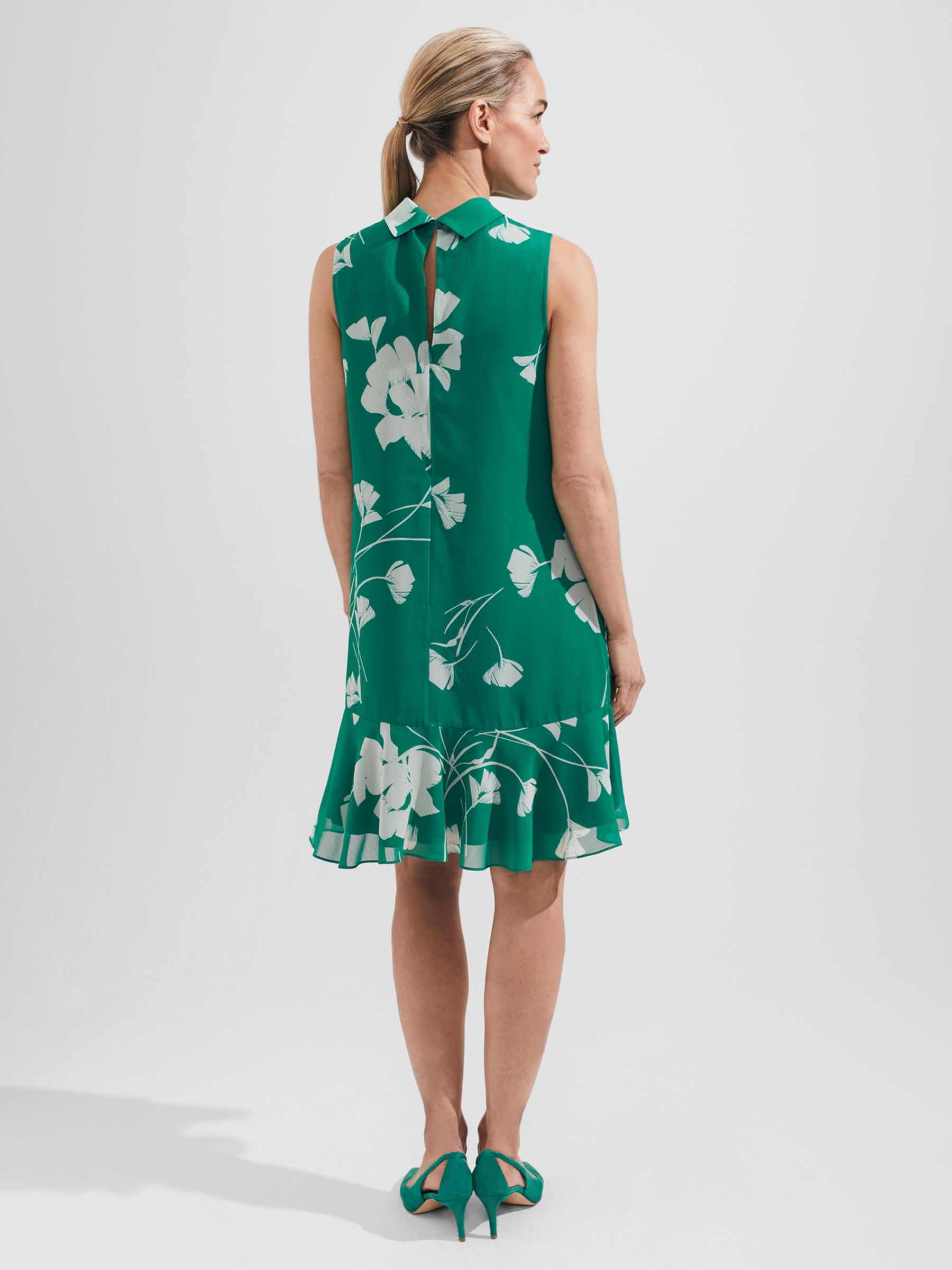 Hobbs Madeline High Neck Floral Print Dress, Green/Ivory, 10