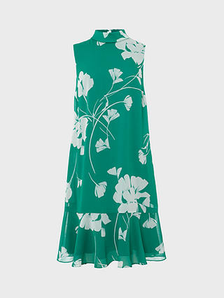 Hobbs Madeline High Neck Floral Print Dress, Green/Ivory