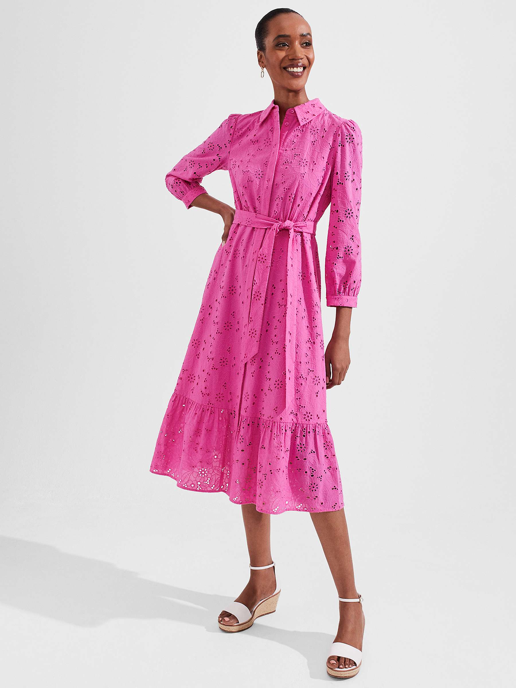 Buy Hobbs Briella Broderie Midi Dress, Deep Fuchsia Online at johnlewis.com