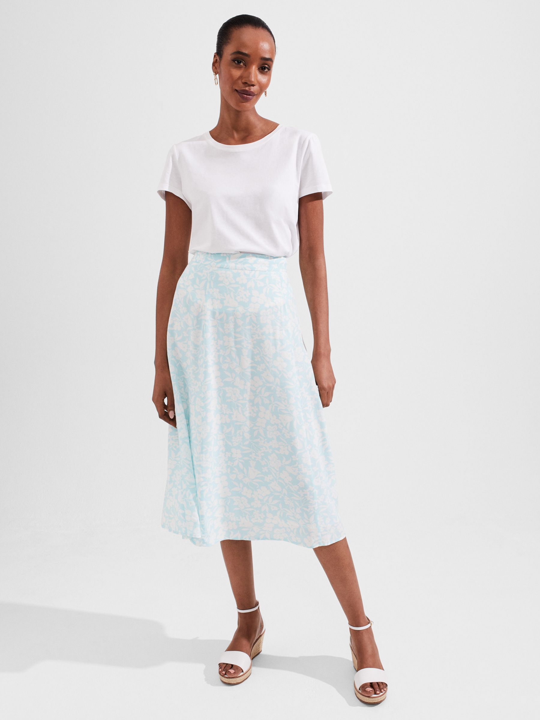 Hobbs Bhavina Floral Midi Skirt, Blue/Ivory at John Lewis & Partners