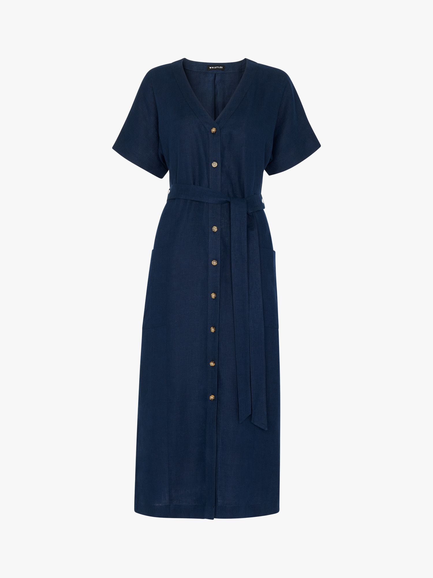 Whistles Linen Belted Midi Dress, Navy, 18